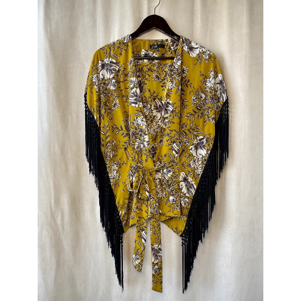Modcloth Mustard Floral Wrap with Fringe